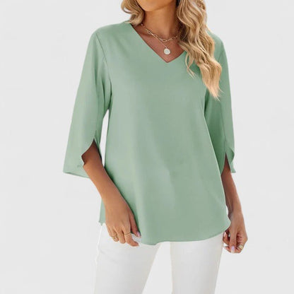Effortless Ruffle Blouse for Women with V Neck Split Sleeve Relaxed Flowing Style