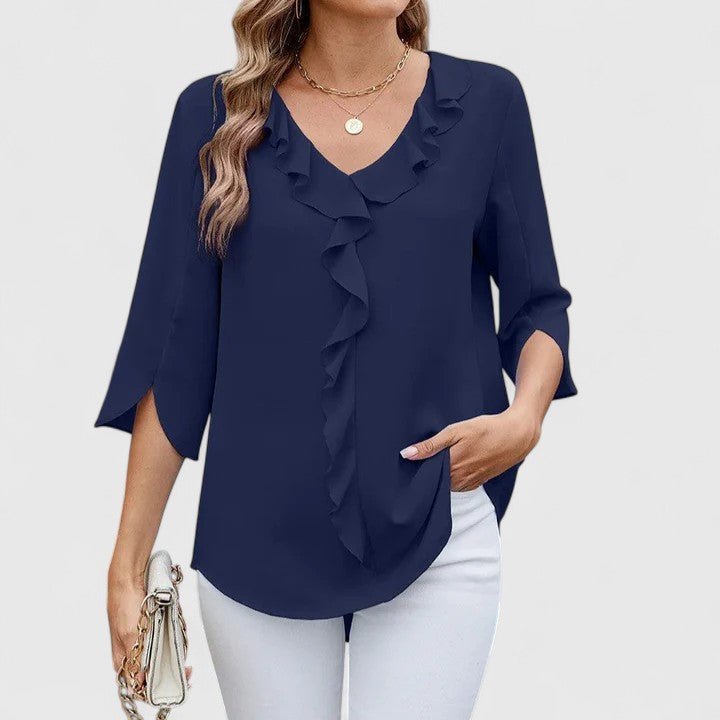 Effortless Ruffle Blouse for Women with V Neck Split Sleeve Relaxed Flowing Style