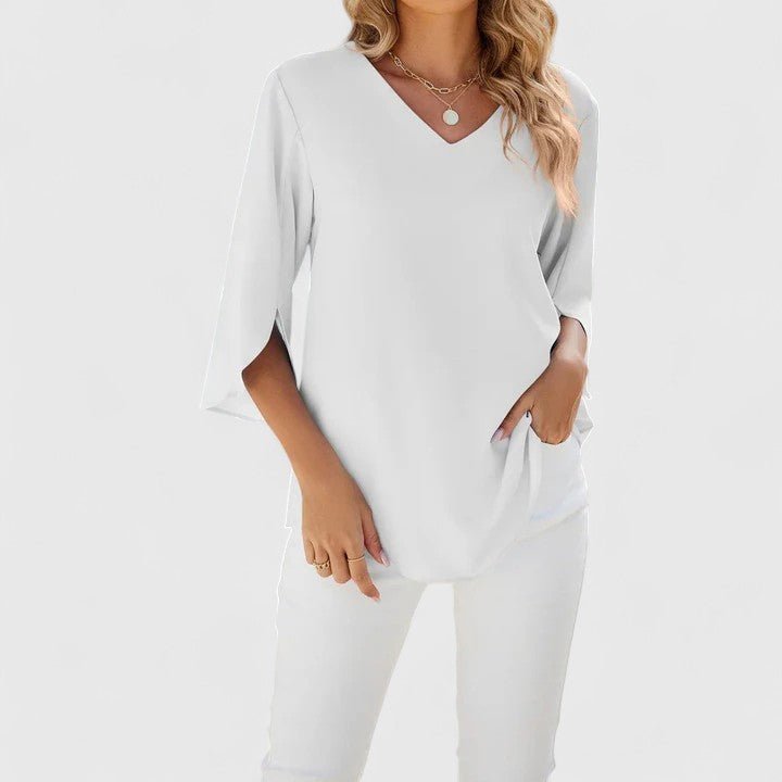 Effortless Ruffle Blouse for Women with V Neck Split Sleeve Relaxed Flowing Style