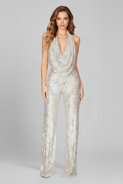 Elegant Sequin Jumpsuit for Women with Cowl Neck Halter Wide Leg Backless Sparkle Formal Party Style