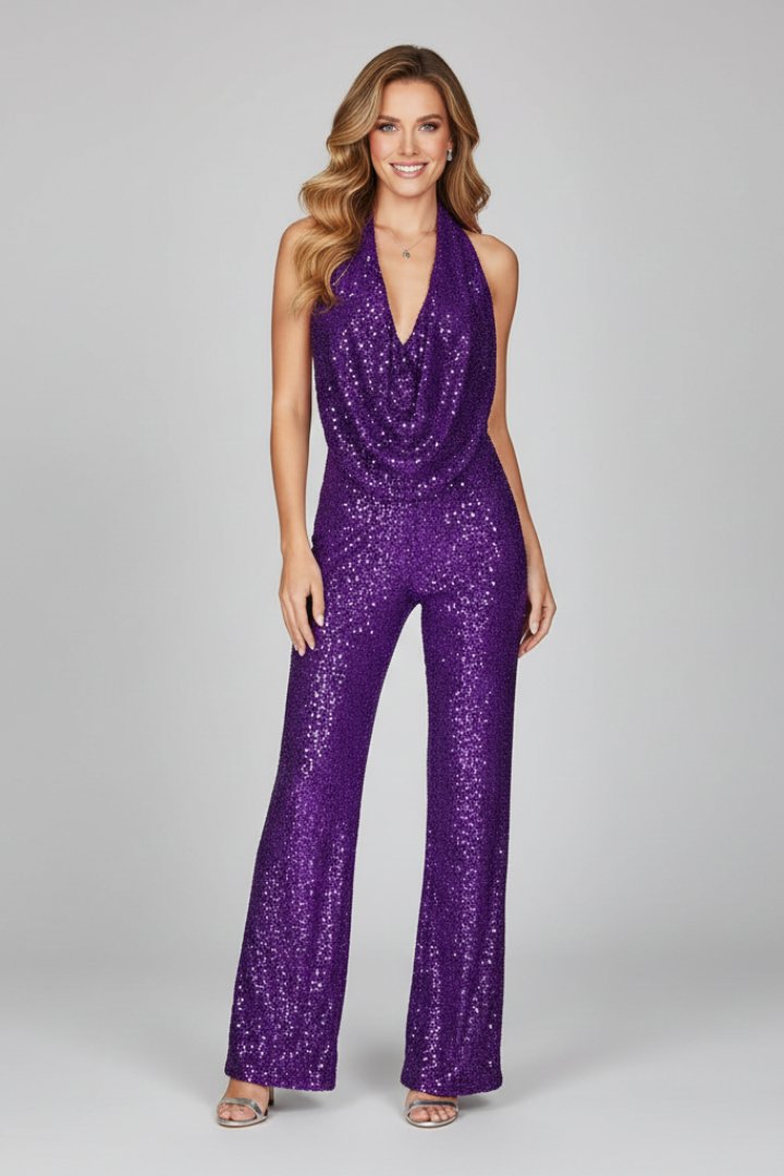 Elegant Sequin Jumpsuit for Women with Cowl Neck Halter Wide Leg Backless Sparkle Formal Party Style