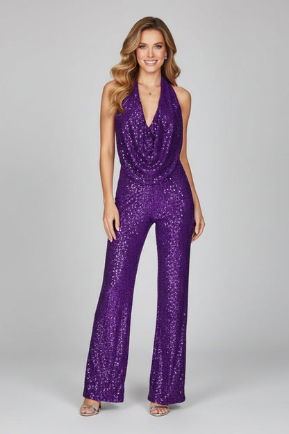 Elegant Sequin Jumpsuit for Women with Cowl Neck Halter Wide Leg Backless Sparkle Formal Party Style