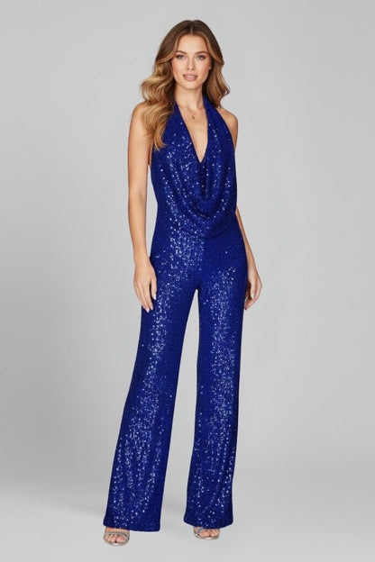 Elegant Sequin Jumpsuit for Women with Cowl Neck Halter Wide Leg Backless Sparkle Formal Party Style