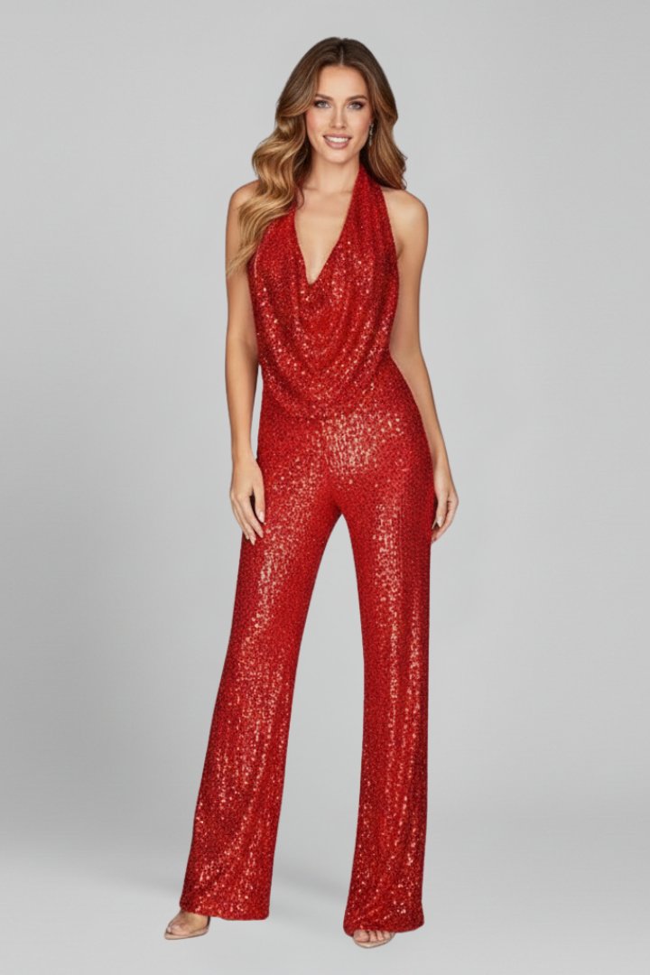 Elegant Sequin Jumpsuit for Women with Cowl Neck Halter Wide Leg Backless Sparkle Formal Party Style