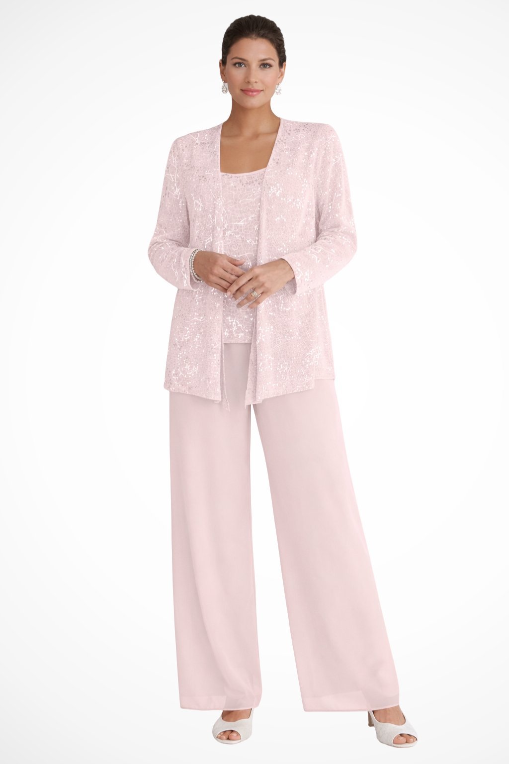 Elegant Sequin Three Piece Set for Women with Open Front Jacket Square Neck Cami Wide Leg Pant Formal Style