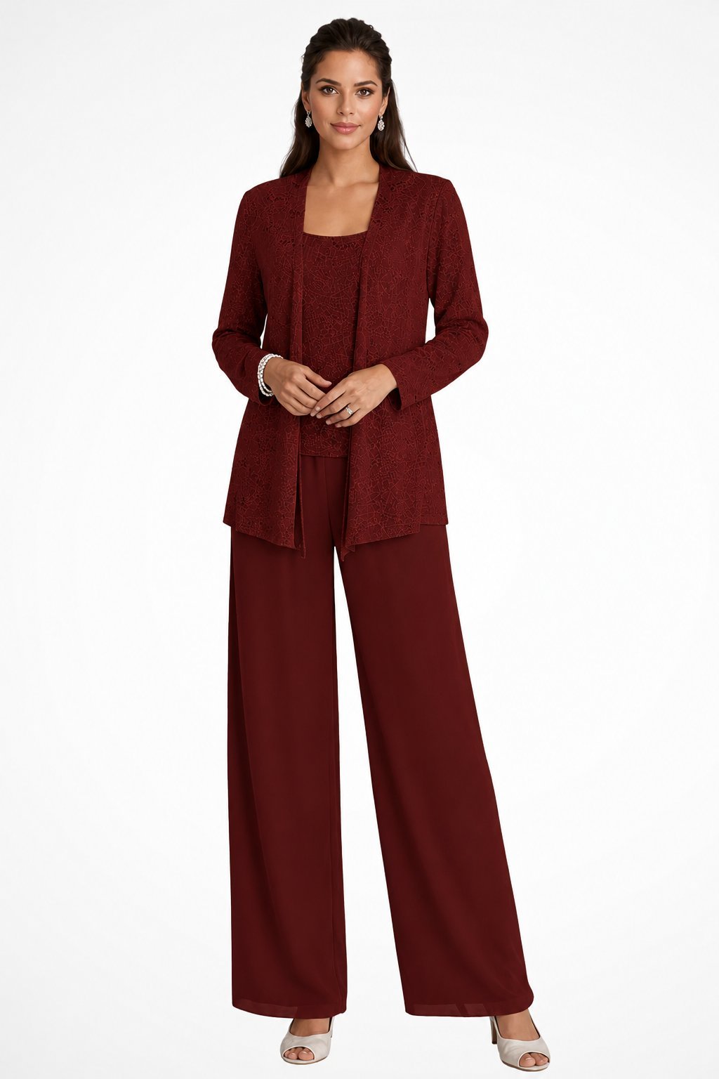 Elegant Sequin Three Piece Set for Women with Open Front Jacket Square Neck Cami Wide Leg Pant Formal Style