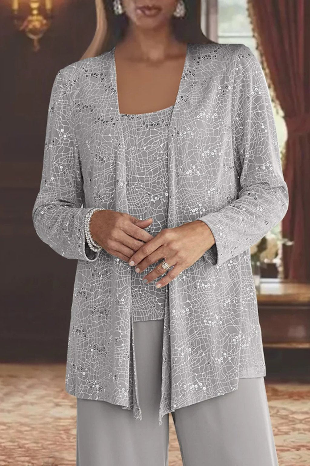 Elegant Sequin Three Piece Set for Women with Open Front Jacket Square Neck Cami Wide Leg Pant Formal Style