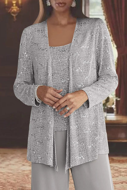 Elegant Sequin Three Piece Set for Women with Open Front Jacket Square Neck Cami Wide Leg Pant Formal Style