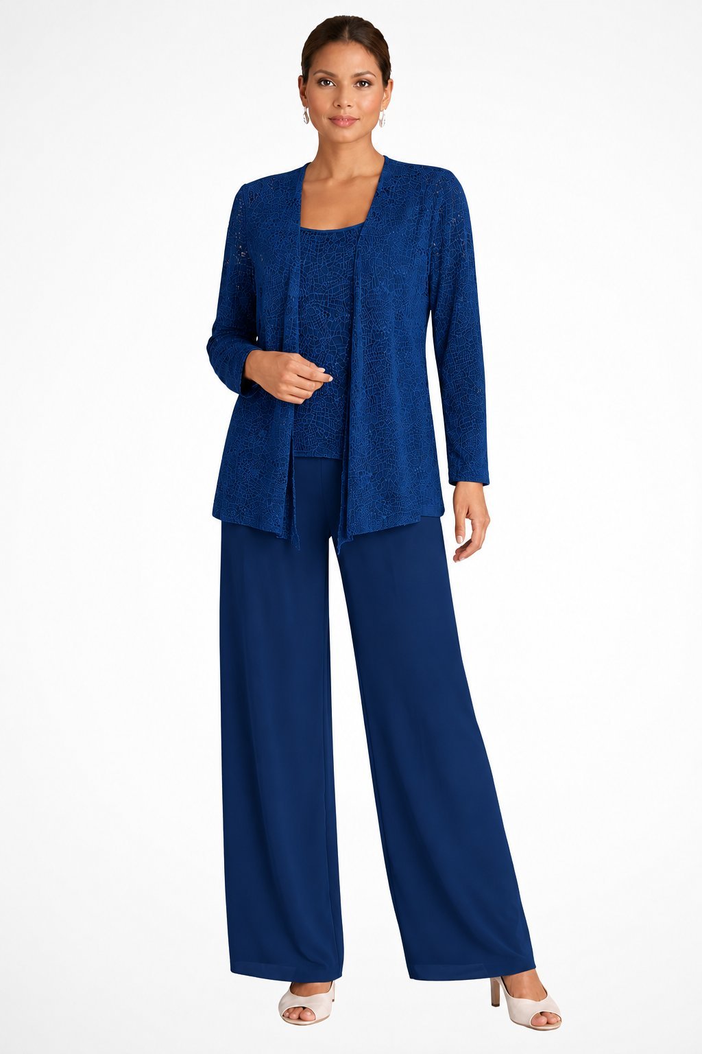 Elegant Sequin Three Piece Set for Women with Open Front Jacket Square Neck Cami Wide Leg Pant Formal Style