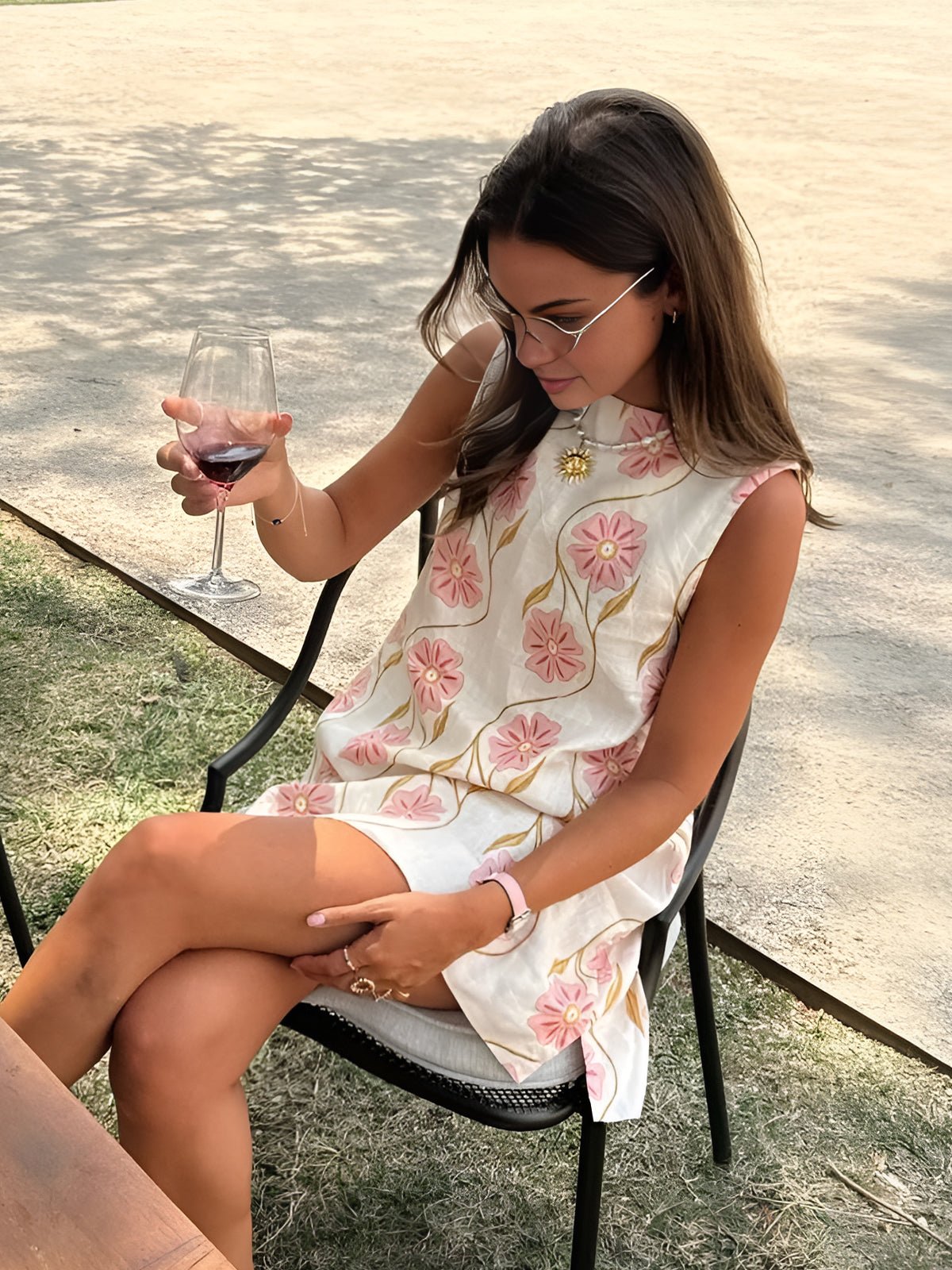 Elegant White Floral Linen Mini Dress for Women with High Neck Sleeveless A Line Flowing Style
