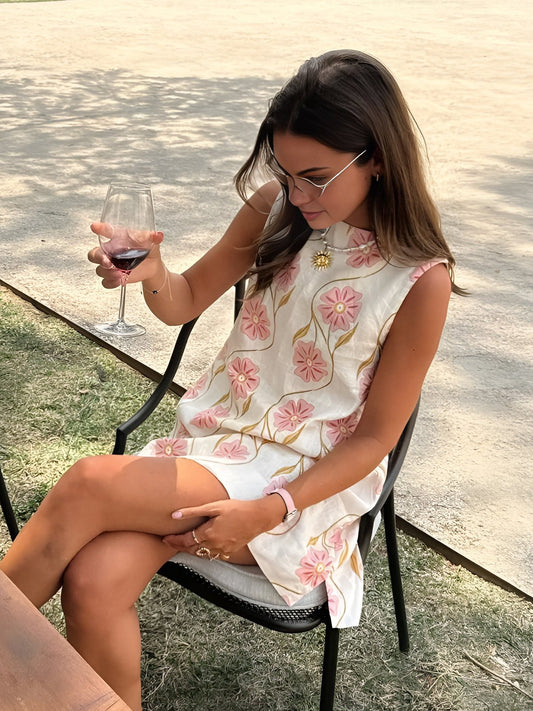 Elegant White Floral Linen Mini Dress for Women with High Neck Sleeveless A Line Flowing Style