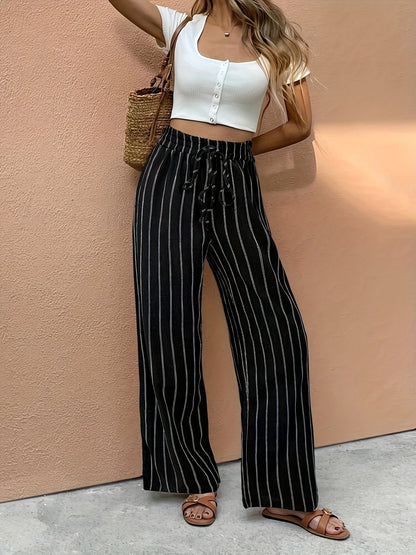 Effortless Striped Linen Wide Leg Pants for Women with High Waist Drawstring Relaxed Flowing Casual Style