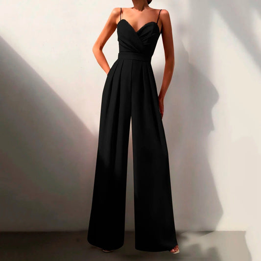 Elegant Wide Leg Jumpsuit for Women with V Neck Sleeveless Pleated Wrap Formal Style