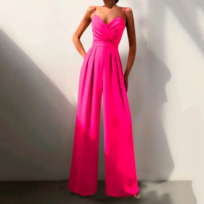 Elegant Wide Leg Jumpsuit for Women with V Neck Sleeveless Pleated Wrap Formal Style
