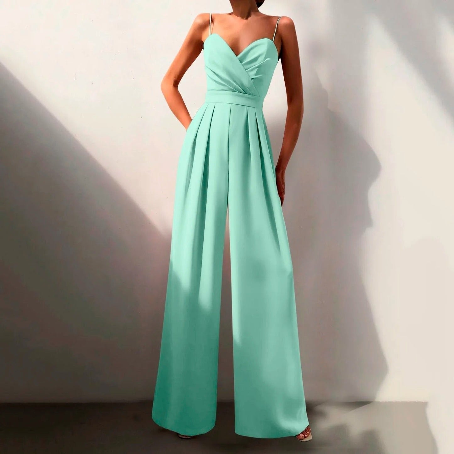 Elegant Wide Leg Jumpsuit for Women with V Neck Sleeveless Pleated Wrap Formal Style