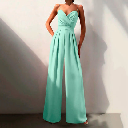 Elegant Wide Leg Jumpsuit for Women with V Neck Sleeveless Pleated Wrap Formal Style