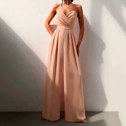 Elegant Wide Leg Jumpsuit for Women with V Neck Sleeveless Pleated Wrap Formal Style