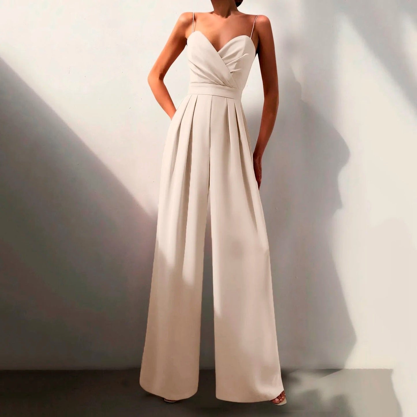 Elegant Wide Leg Jumpsuit for Women with V Neck Sleeveless Pleated Wrap Formal Style