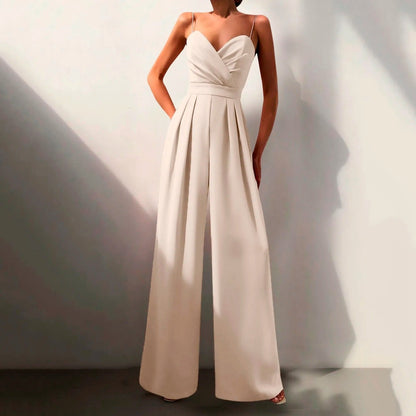 Elegant Wide Leg Jumpsuit for Women with V Neck Sleeveless Pleated Wrap Formal Style