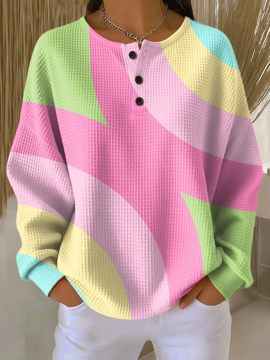 Effortless Pink Colorblock Waffle Knit Top for Women with Button Placket Long Sleeve Oversized Relaxed Style