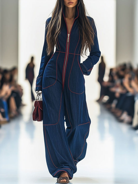 Elegant Dark Blue Denim Jumpsuit for Women with Mock Neck Long Sleeve Zip Front Wide Leg Style