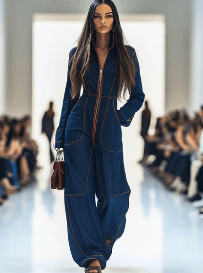 Elegant Dark Blue Denim Jumpsuit for Women with Mock Neck Long Sleeve Zip Front Wide Leg Style