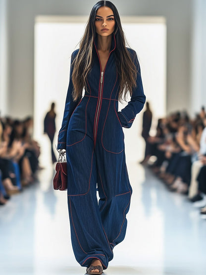 Elegant Dark Blue Denim Jumpsuit for Women with Mock Neck Long Sleeve Zip Front Wide Leg Style