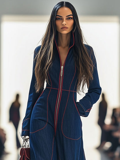 Elegant Dark Blue Denim Jumpsuit for Women with Mock Neck Long Sleeve Zip Front Wide Leg Style
