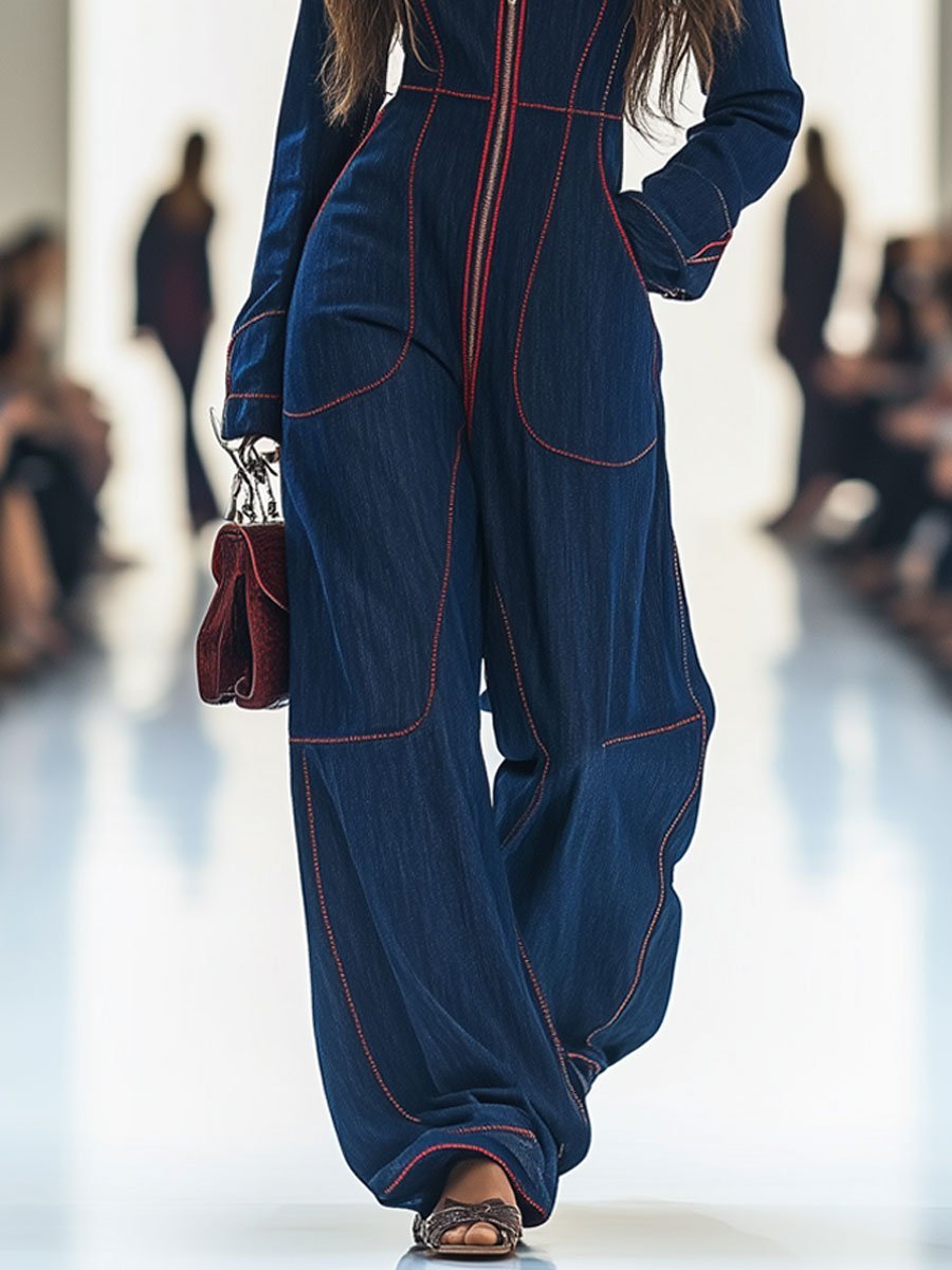 Elegant Dark Blue Denim Jumpsuit for Women with Mock Neck Long Sleeve Zip Front Wide Leg Style