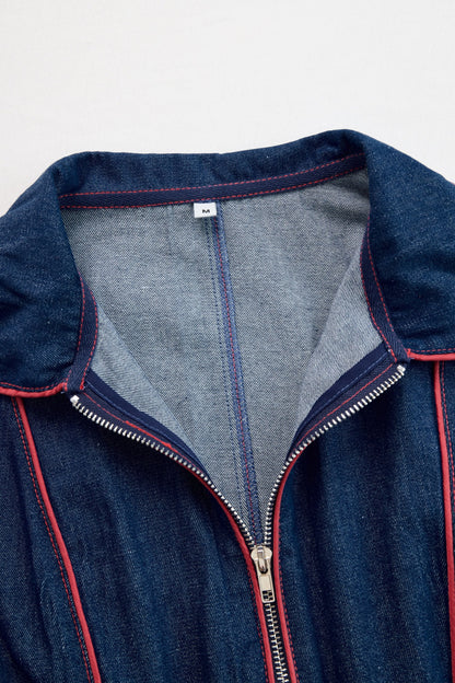 Elegant Dark Blue Denim Jumpsuit for Women with Mock Neck Long Sleeve Zip Front Wide Leg Style