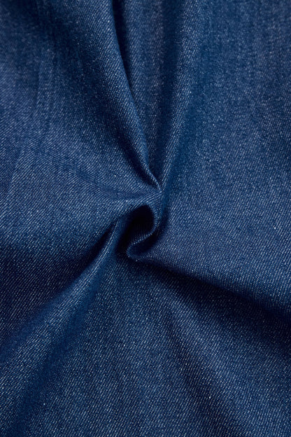 Elegant Dark Blue Denim Jumpsuit for Women with Mock Neck Long Sleeve Zip Front Wide Leg Style