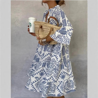Effortless Printed Midi Dress for Women with V Neck Bell Sleeve Tiered Ruffle Flowing Bohemian Style
