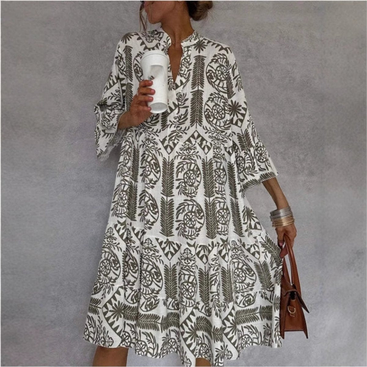 Effortless Printed Midi Dress for Women with V Neck Bell Sleeve Tiered Ruffle Flowing Bohemian Style
