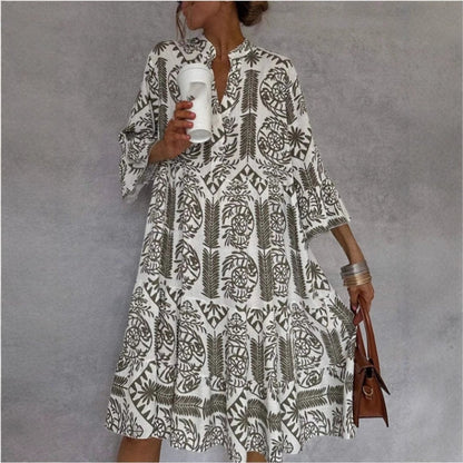 Effortless Printed Midi Dress for Women with V Neck Bell Sleeve Tiered Ruffle Flowing Bohemian Style