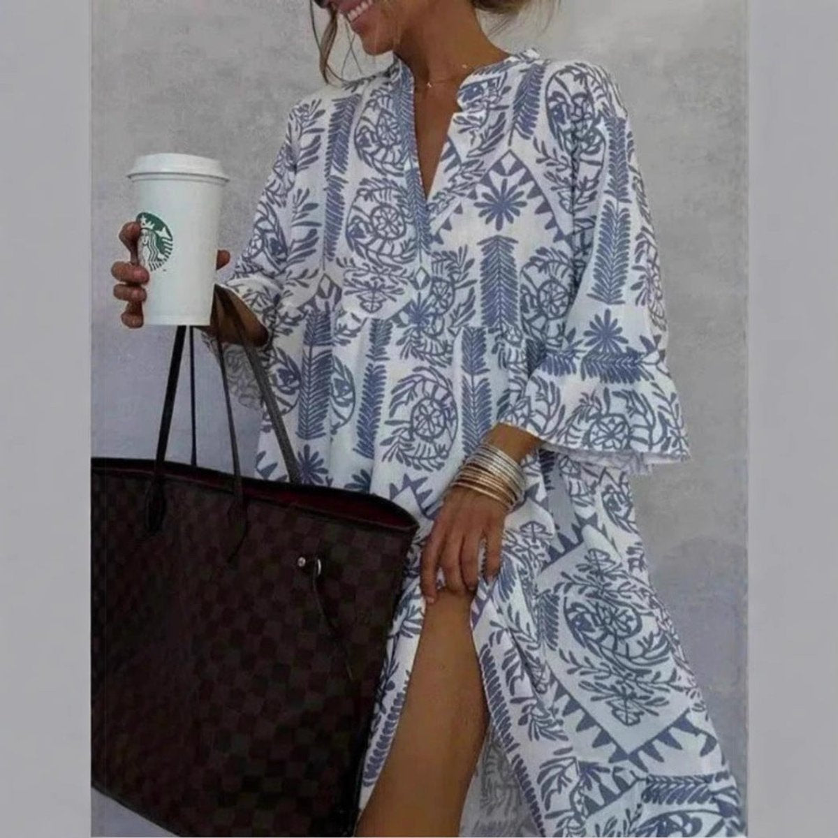 Effortless Printed Midi Dress for Women with V Neck Bell Sleeve Tiered Ruffle Flowing Bohemian Style