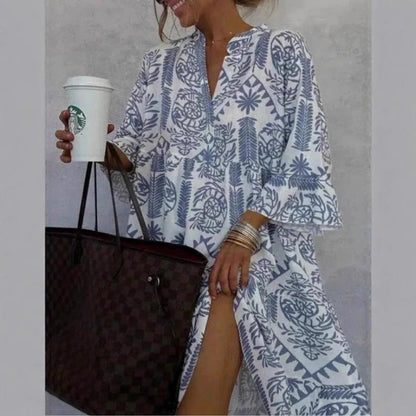 Effortless Printed Midi Dress for Women with V Neck Bell Sleeve Tiered Ruffle Flowing Bohemian Style