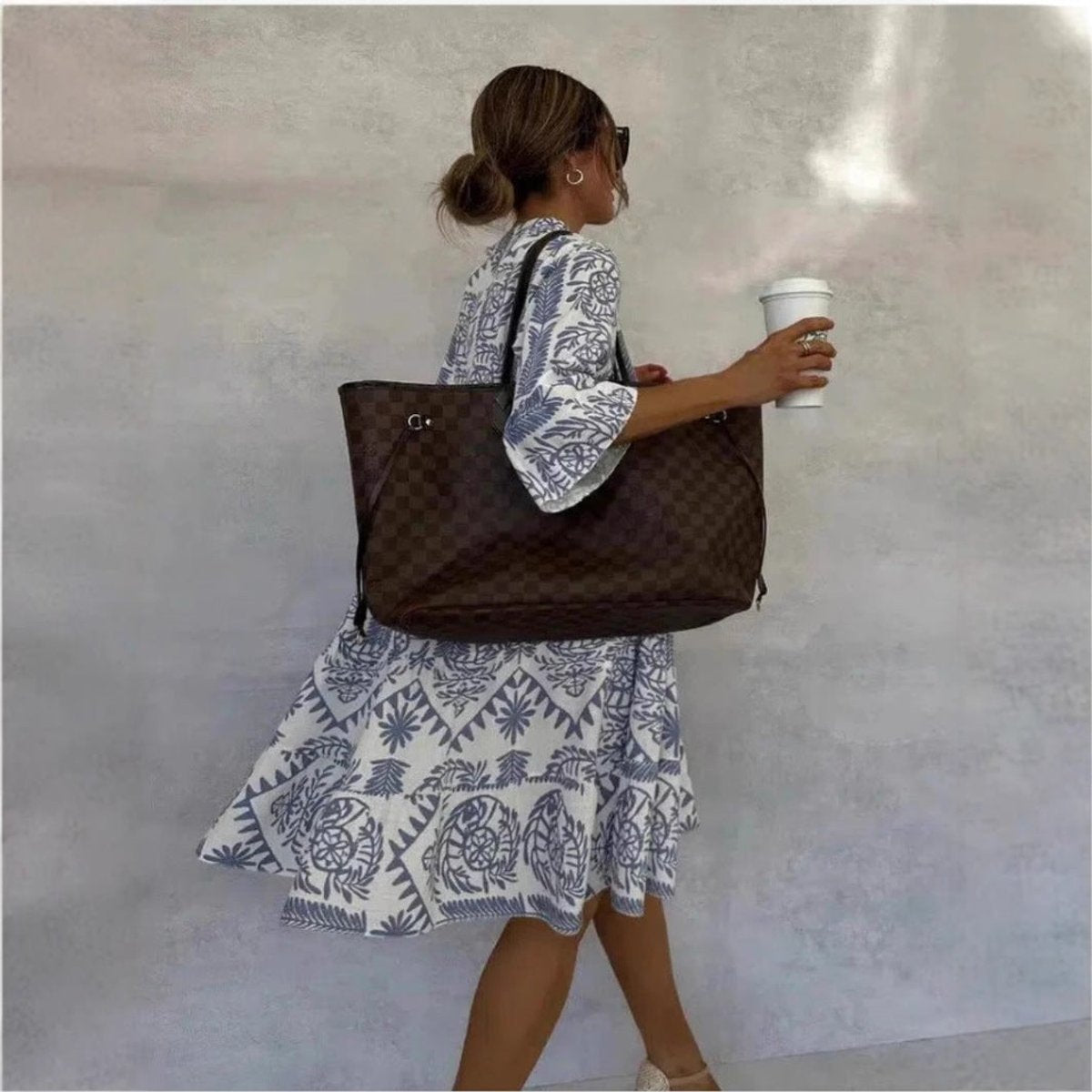 Effortless Printed Midi Dress for Women with V Neck Bell Sleeve Tiered Ruffle Flowing Bohemian Style
