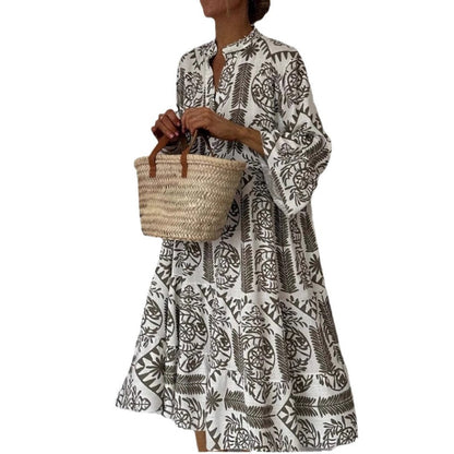Effortless Printed Midi Dress for Women with V Neck Bell Sleeve Tiered Ruffle Flowing Bohemian Style