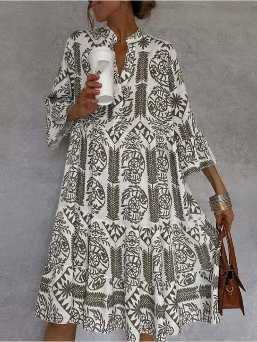 Effortless Printed Midi Dress for Women with V Neck Bell Sleeve Tiered Ruffle Flowing Bohemian Style