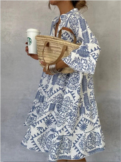 Effortless Printed Midi Dress for Women with V Neck Bell Sleeve Tiered Ruffle Flowing Bohemian Style