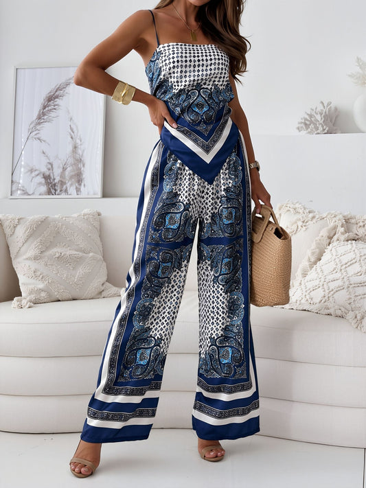 Effortless Paisley Print Jumpsuit for Women with Square Neck Spaghetti Strap Wide Leg Bohemian Style