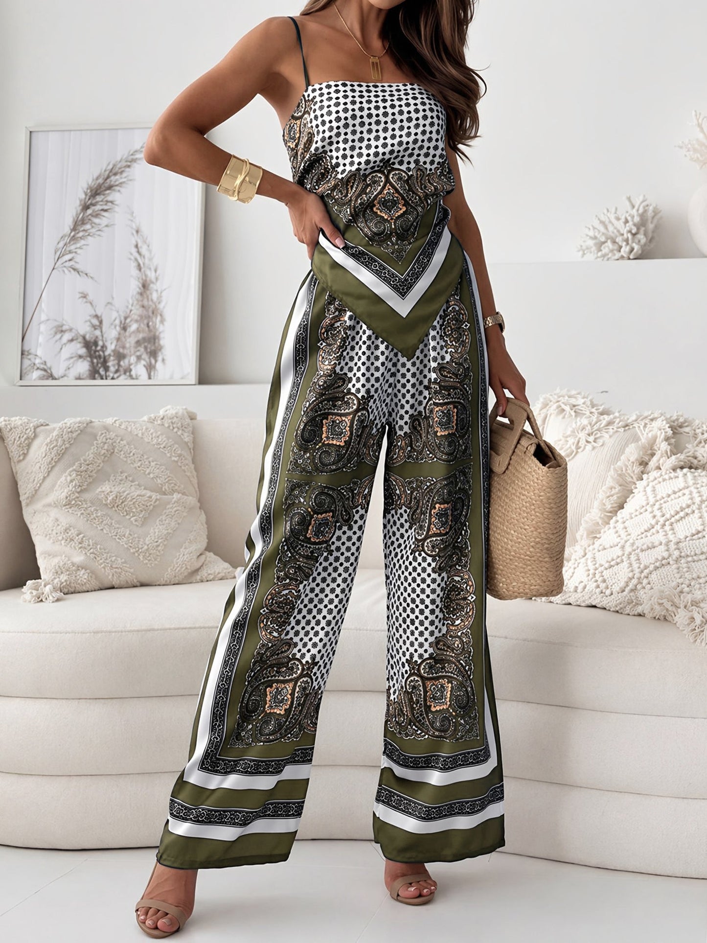 Effortless Paisley Print Jumpsuit for Women with Square Neck Spaghetti Strap Wide Leg Bohemian Style