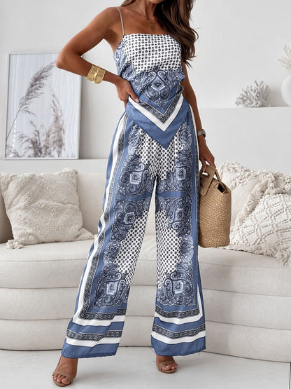 Effortless Paisley Print Jumpsuit for Women with Square Neck Spaghetti Strap Wide Leg Bohemian Style