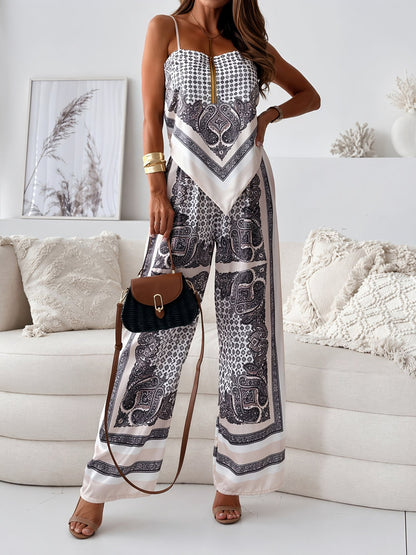 Effortless Paisley Print Jumpsuit for Women with Square Neck Spaghetti Strap Wide Leg Bohemian Style