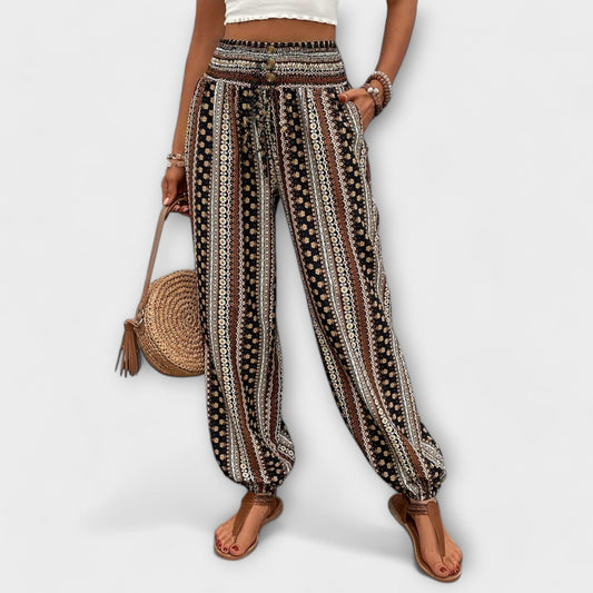 Effortless Boho Print Pants for Women with High Waist Button Front Tapered Ankle Cuff Flowing Style
