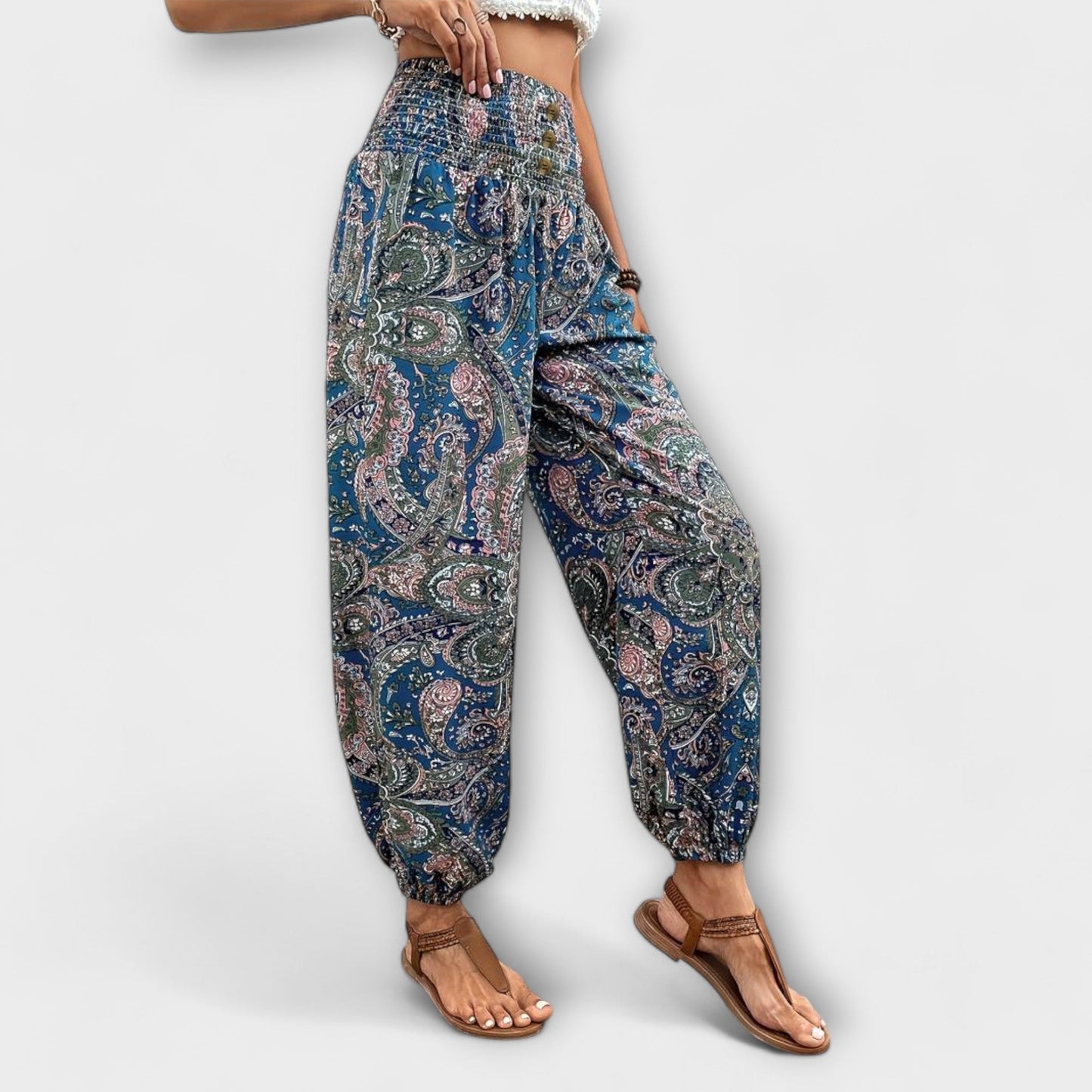 Effortless Boho Print Pants for Women with High Waist Button Front Tapered Ankle Cuff Flowing Style