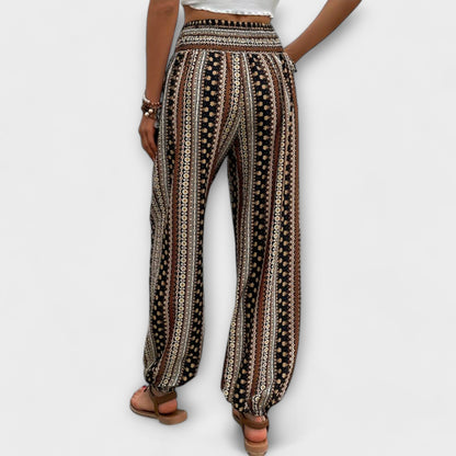 Effortless Boho Print Pants for Women with High Waist Button Front Tapered Ankle Cuff Flowing Style