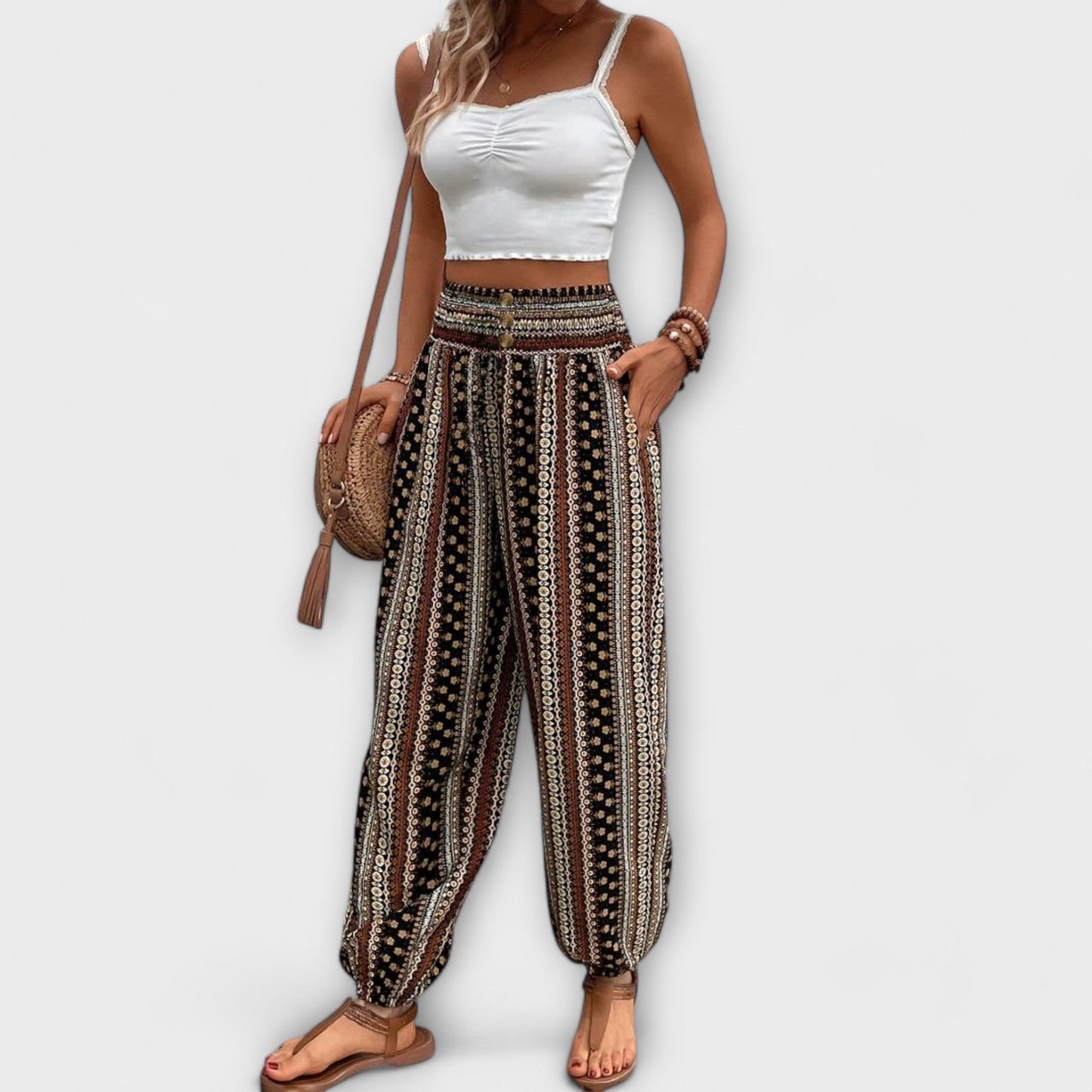 Effortless Boho Print Pants for Women with High Waist Button Front Tapered Ankle Cuff Flowing Style