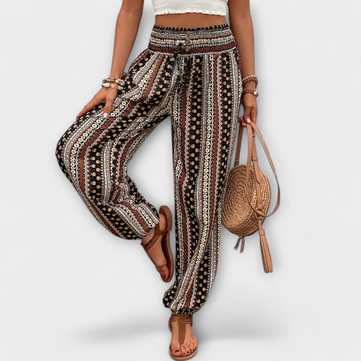 Effortless Boho Print Pants for Women with High Waist Button Front Tapered Ankle Cuff Flowing Style