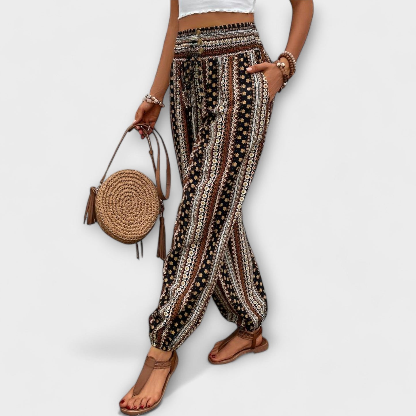 Effortless Boho Print Pants for Women with High Waist Button Front Tapered Ankle Cuff Flowing Style